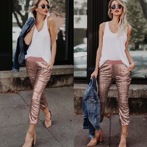Pants - Rose Gold Sequin Sparkly Cropped Pants